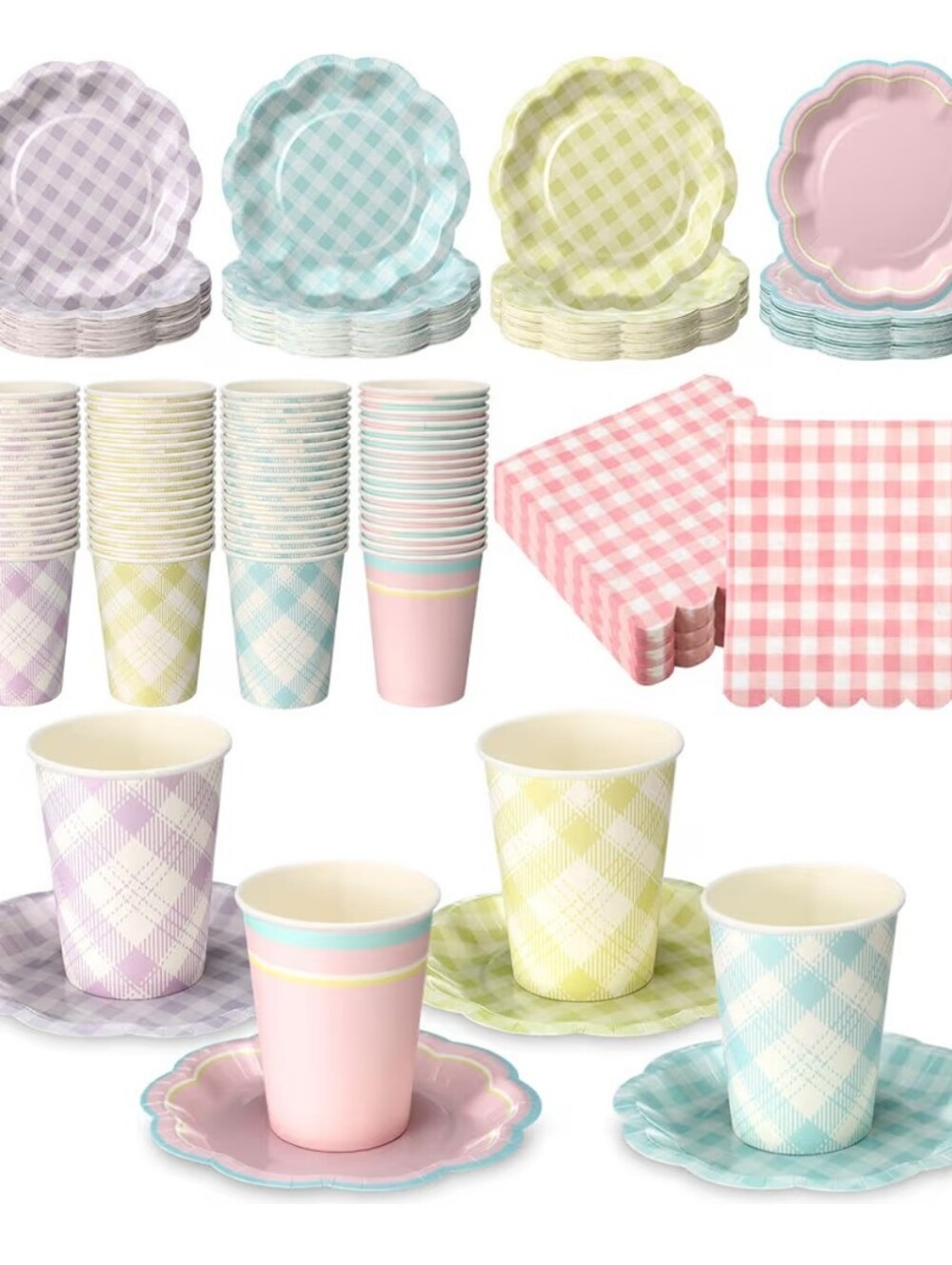 Pastel Gingham Party Paper Dessert Tableware Set - Pink, Blue, Yellow, Lavender - Picture 1 of 4